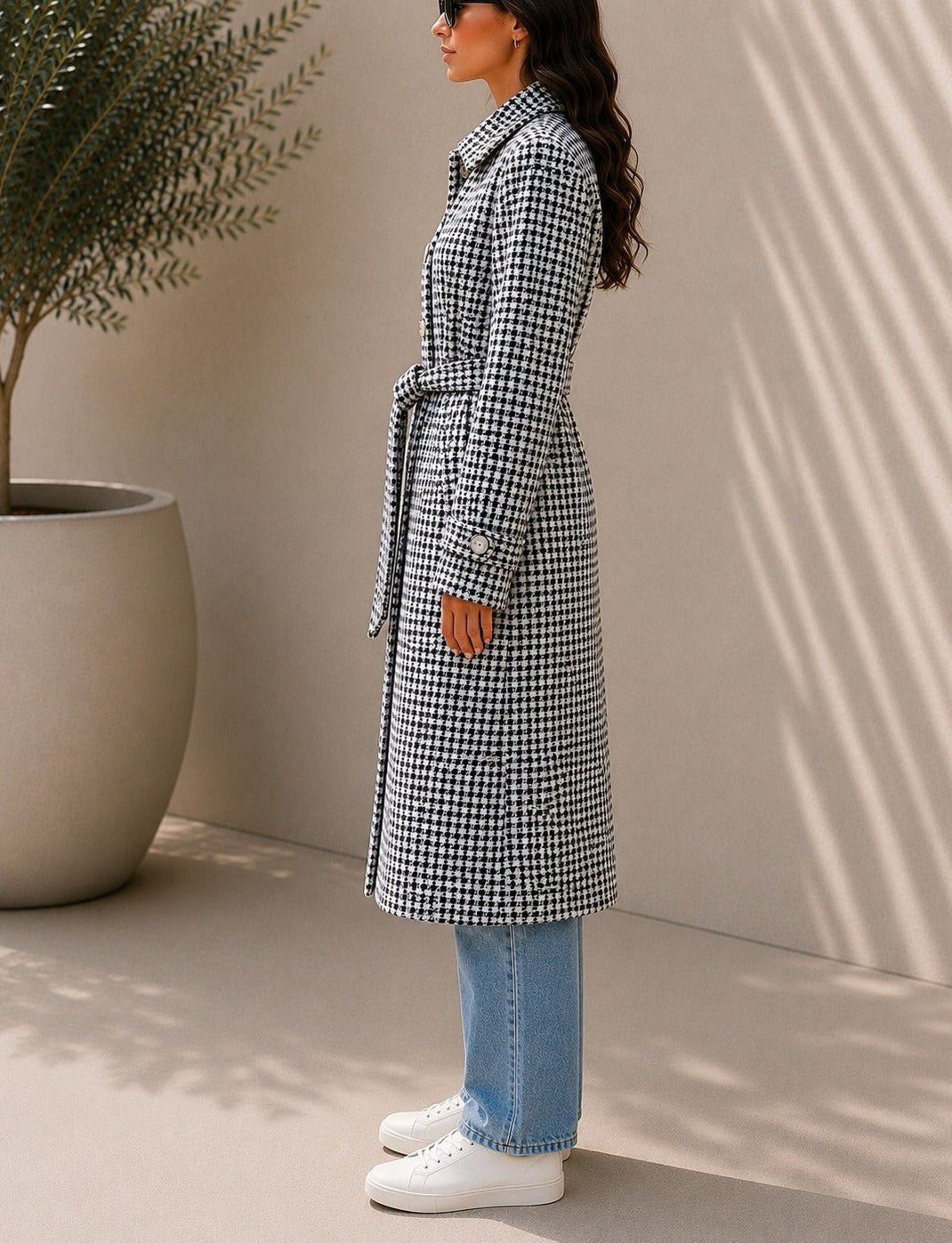 Ladies Houndstooth Pleated Button Detail Melton Coat - StylePhase SA