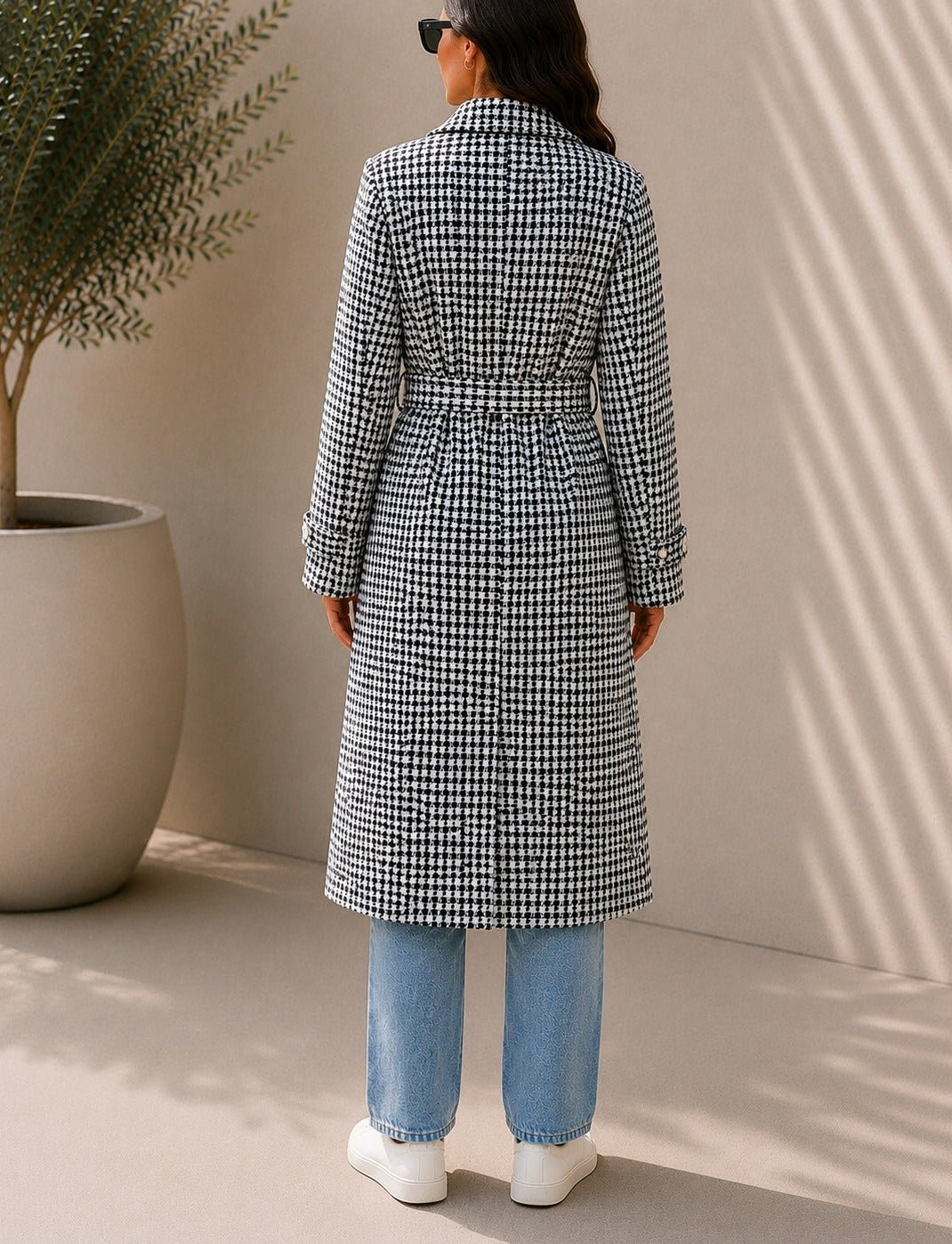 Ladies Houndstooth Pleated Button Detail Melton Coat - StylePhase SA