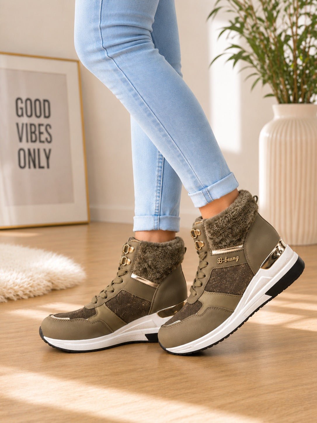 Ladies Khaki Faux Fur Trim Platform Sneaker Boots - StylePhase SA