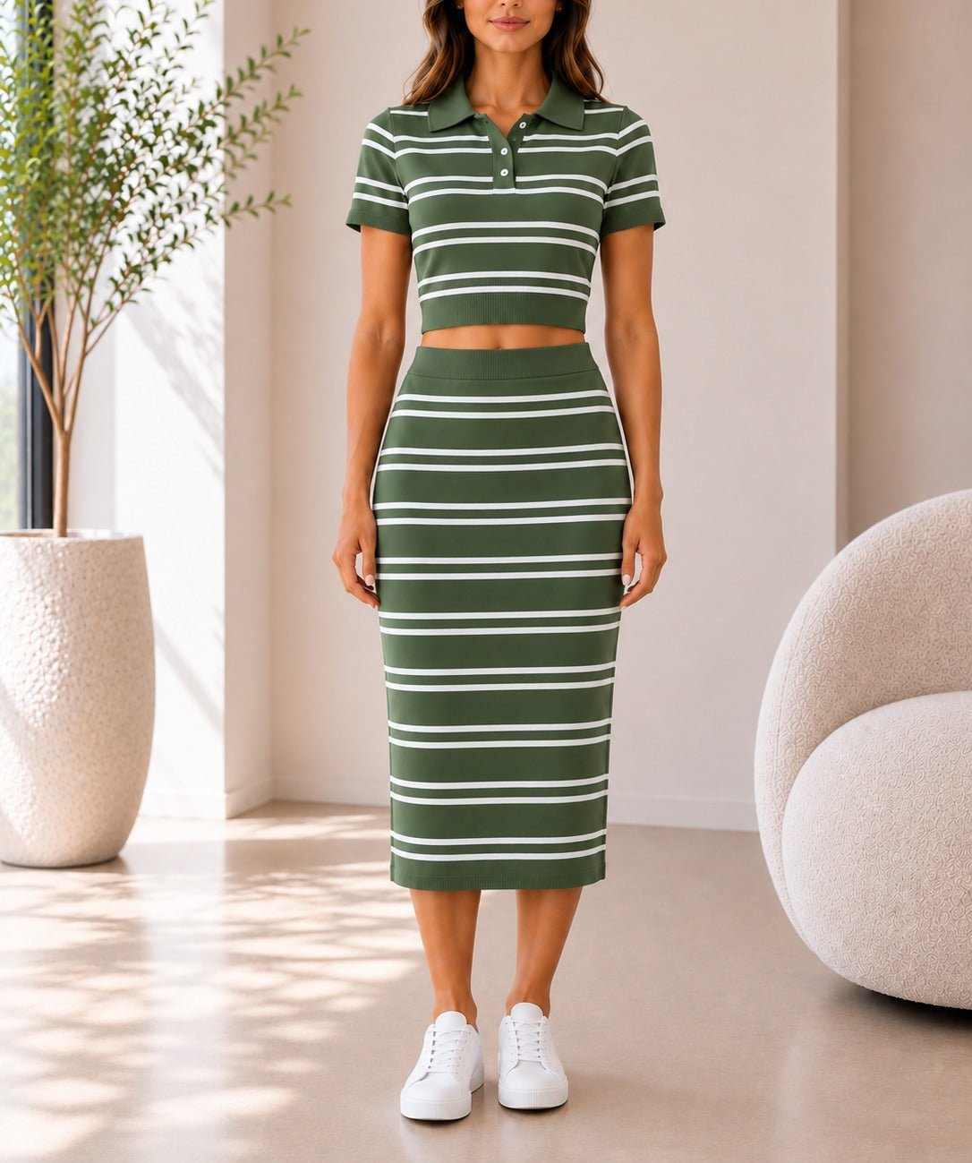 Ladies Knit Green And White Co-Ord Set - StylePhase SA