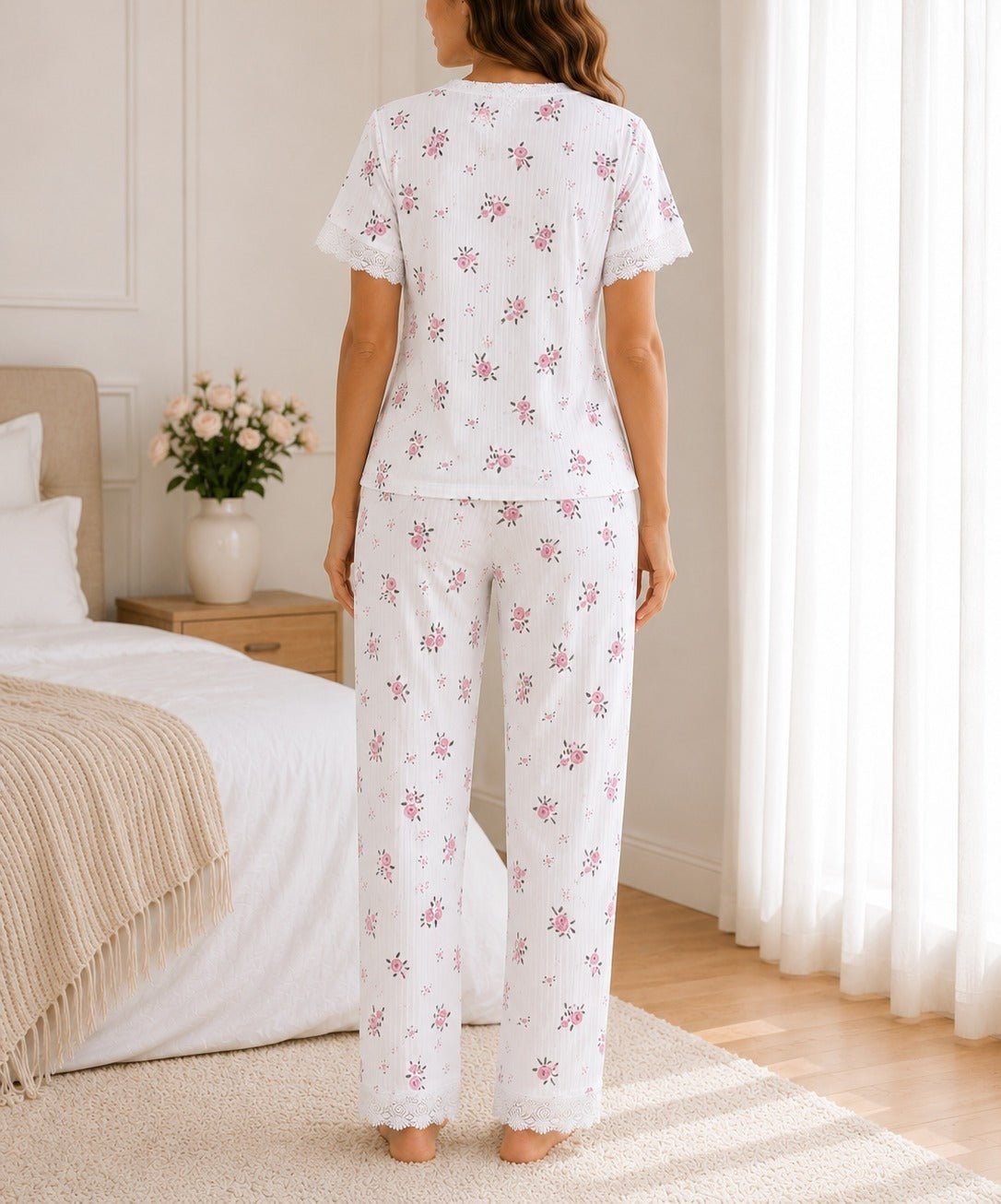 Ladies Lace Trim V-Neck White Floral Print Pyjama Set - StylePhase SA