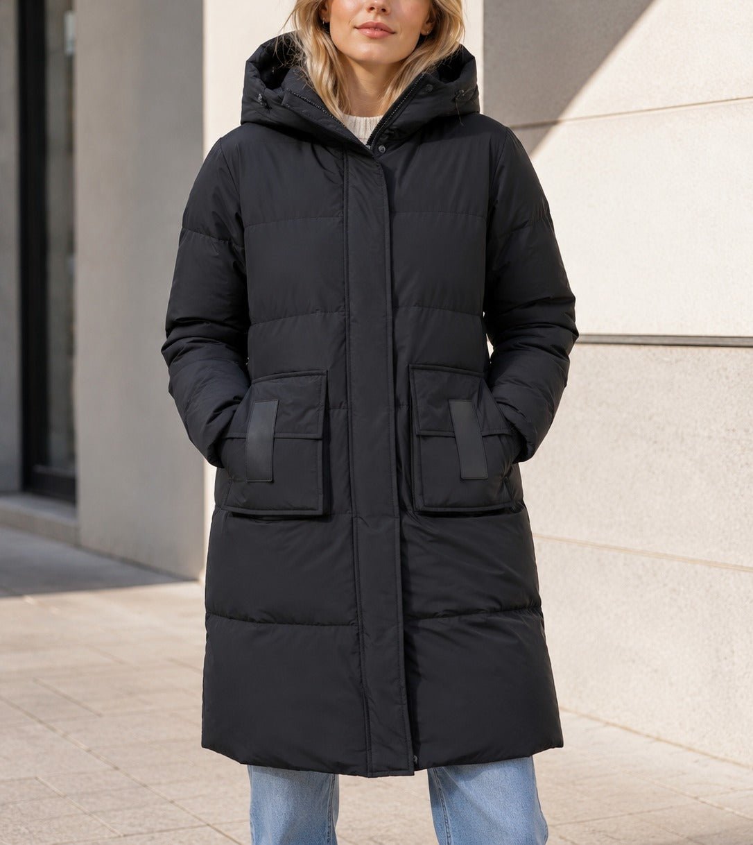 Ladies Large Pocket Patch Black Puffer Jacket - StylePhase SA