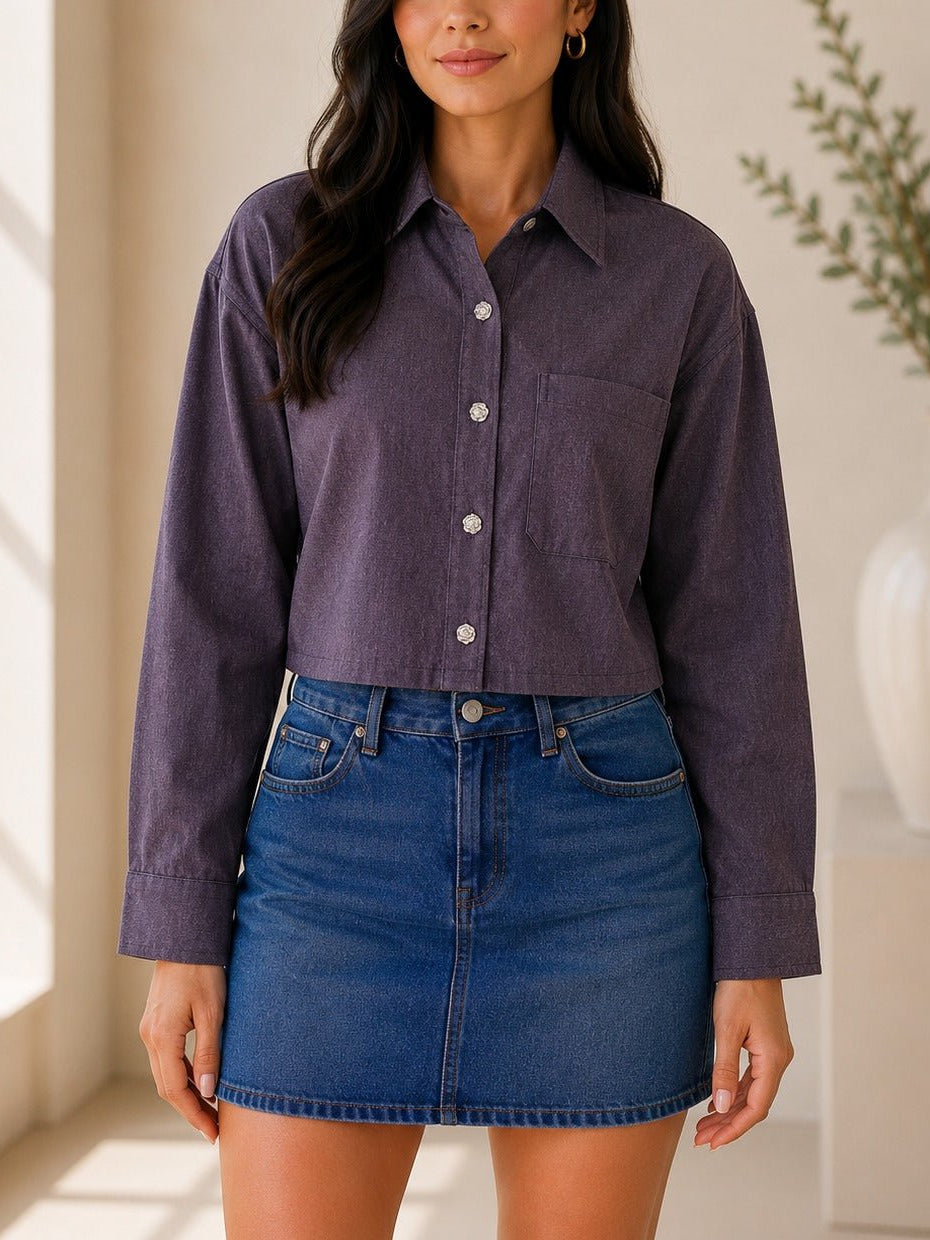 Ladies Lavender Button Up Cropped Shirt - StylePhase SA