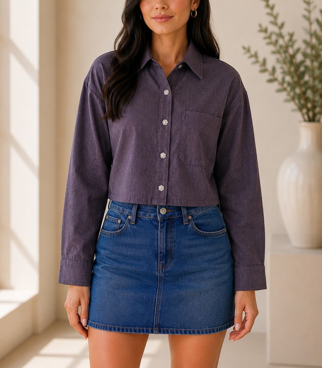 Ladies Lavender Button Up Cropped Shirt - StylePhase SA