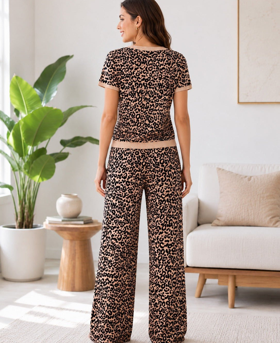 Ladies Leopard Print Knitwear Jersey Set-Beige & Black - StylePhase SA