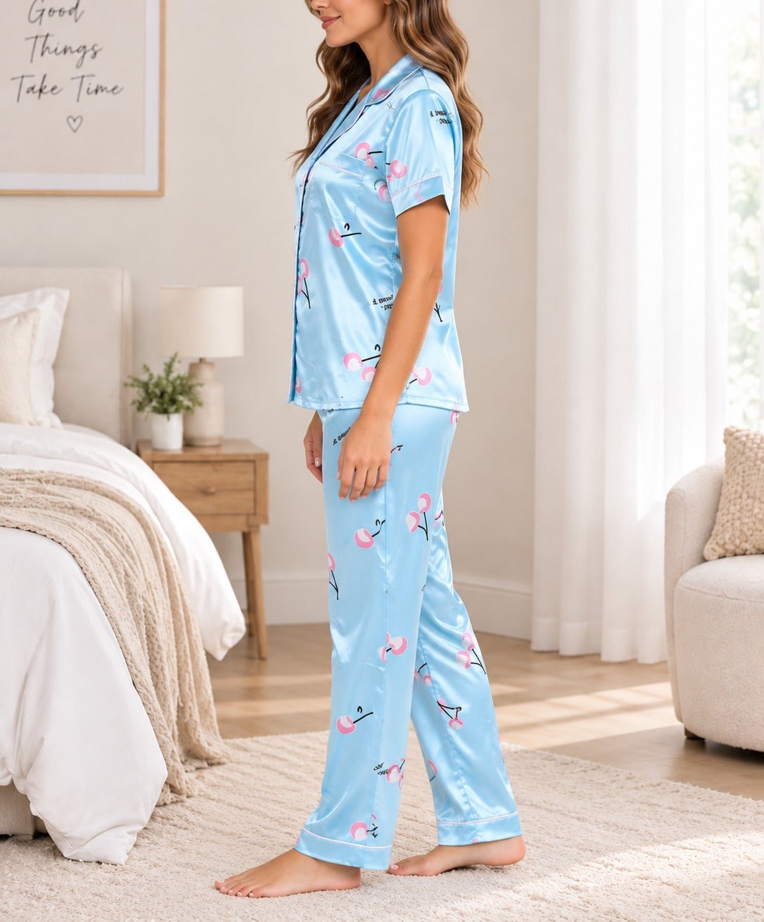 Ladies Light Blue Cherry Print Satin Pyjama Set - StylePhase SA