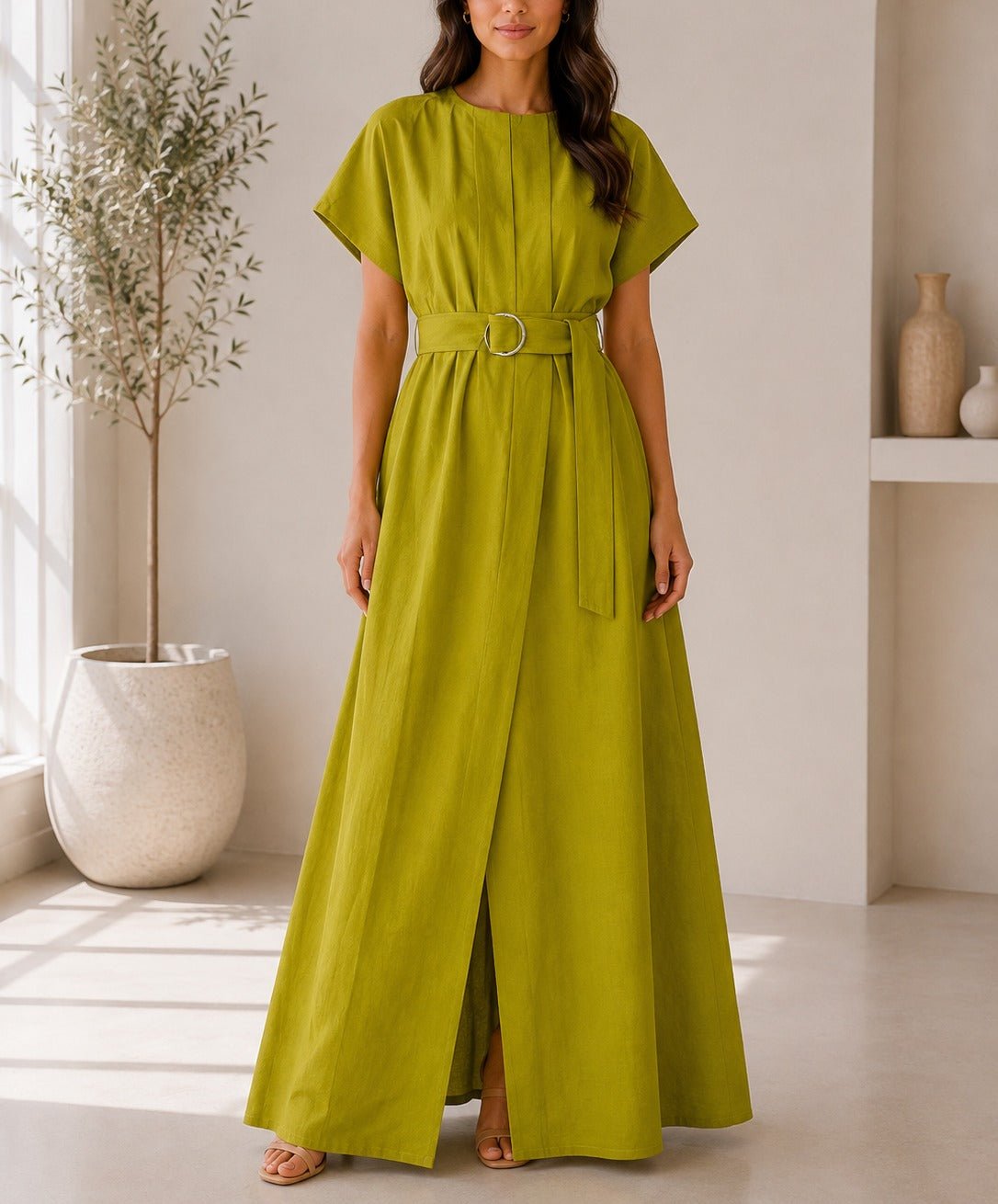 Ladies Lime Buckle Belt front Slit Maxi Dress - StylePhase SA