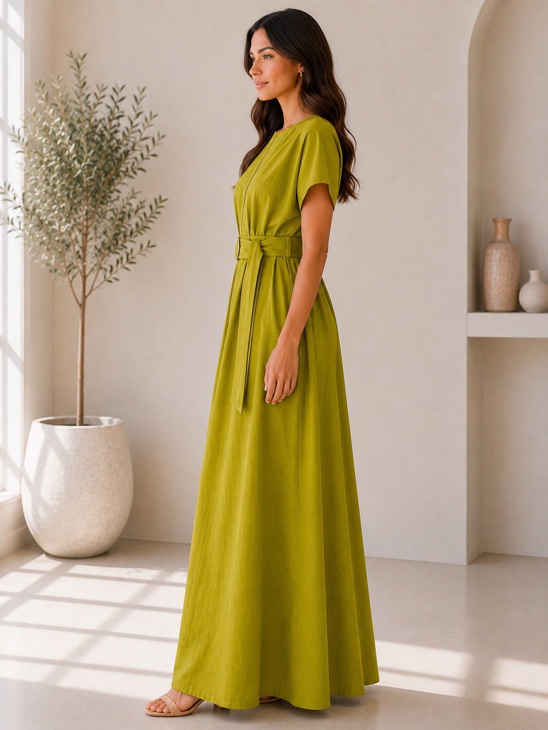 Ladies Lime Buckle Belt front Slit Maxi Dress - StylePhase SA