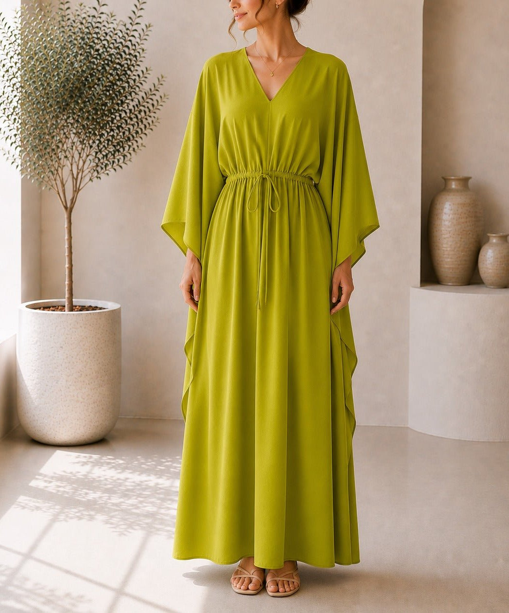 Ladies Lime Drawstring V-neck Kaftan - StylePhase SA