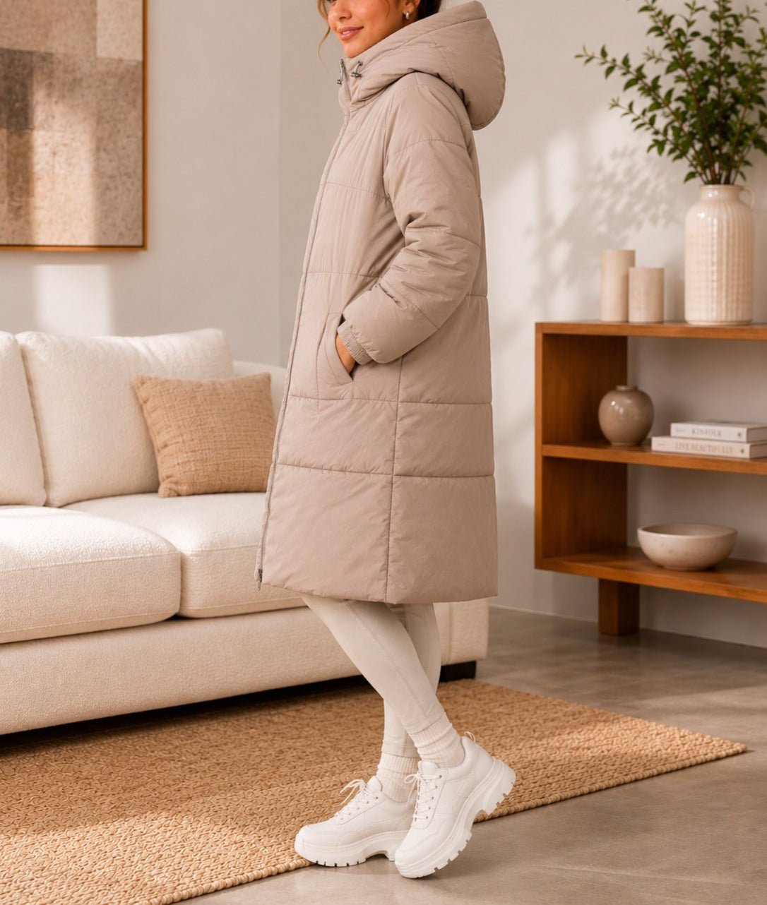 Ladies Long Beige Drawstring Hoody Lined Jacket - StylePhase SA