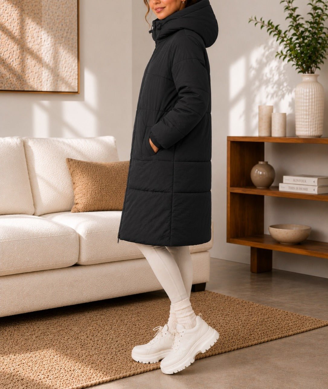 Ladies Long Black Drawstring Hoody Lined Jacket - StylePhase SA