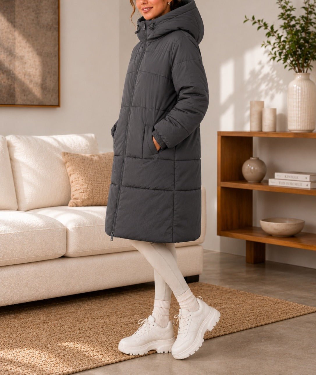 Ladies Long Grey Drawstring Hoody Lined Jacket - StylePhase SA