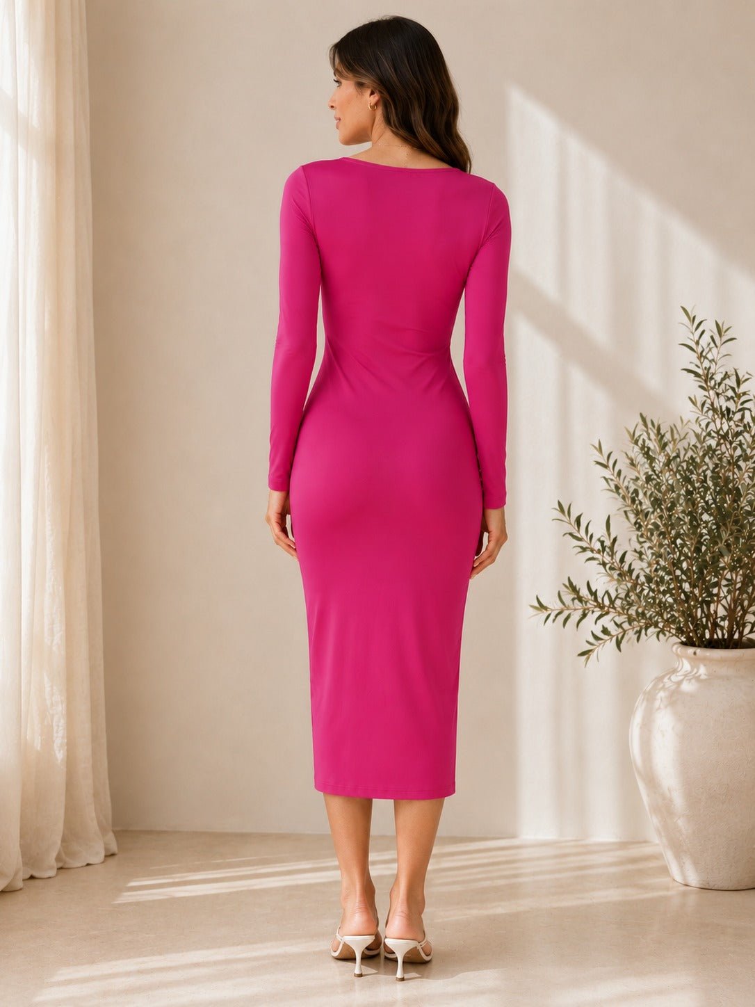 Ladies Long Sleeve New Feeling Bodycon Dress-Cerise - StylePhase SA