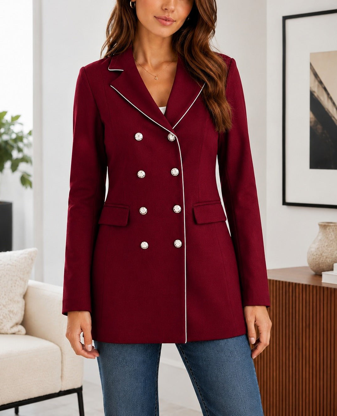 Ladies Maroon Double-Breasted Tailored Longline Coat - StylePhase SA