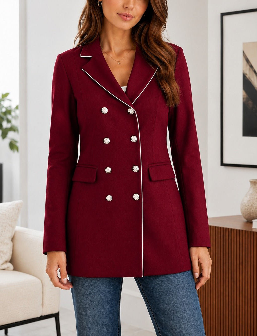 Ladies Maroon Double-Breasted Tailored Longline Coat - StylePhase SA