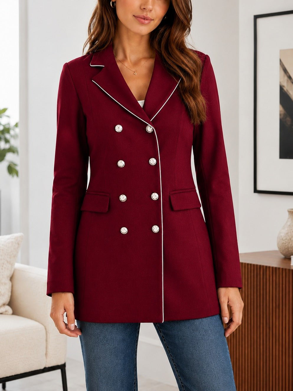 Ladies Maroon Double-Breasted Tailored Longline Coat - StylePhase SA