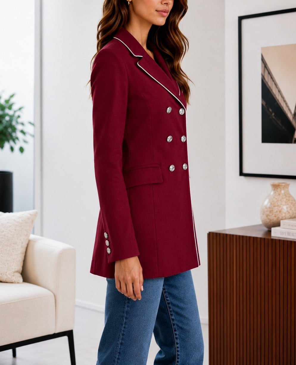 Ladies Maroon Double-Breasted Tailored Longline Coat - StylePhase SA