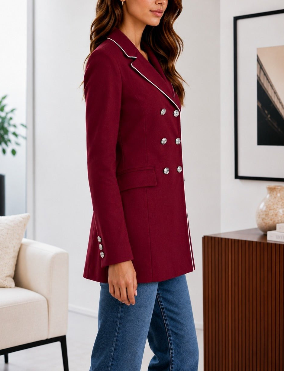 Ladies Maroon Double-Breasted Tailored Longline Coat - StylePhase SA
