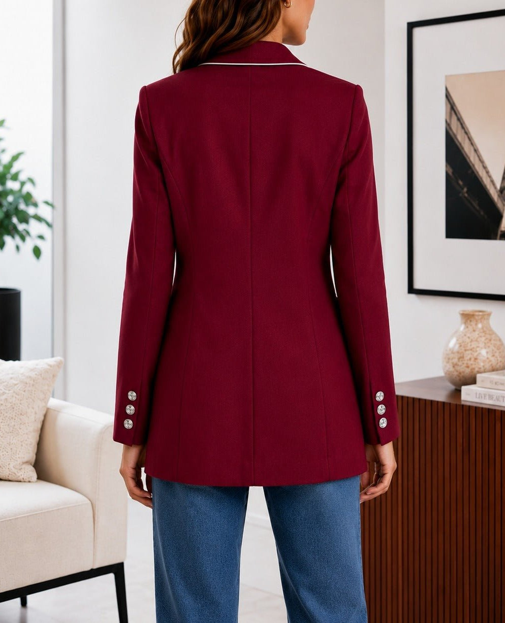 Ladies Maroon Double-Breasted Tailored Longline Coat - StylePhase SA