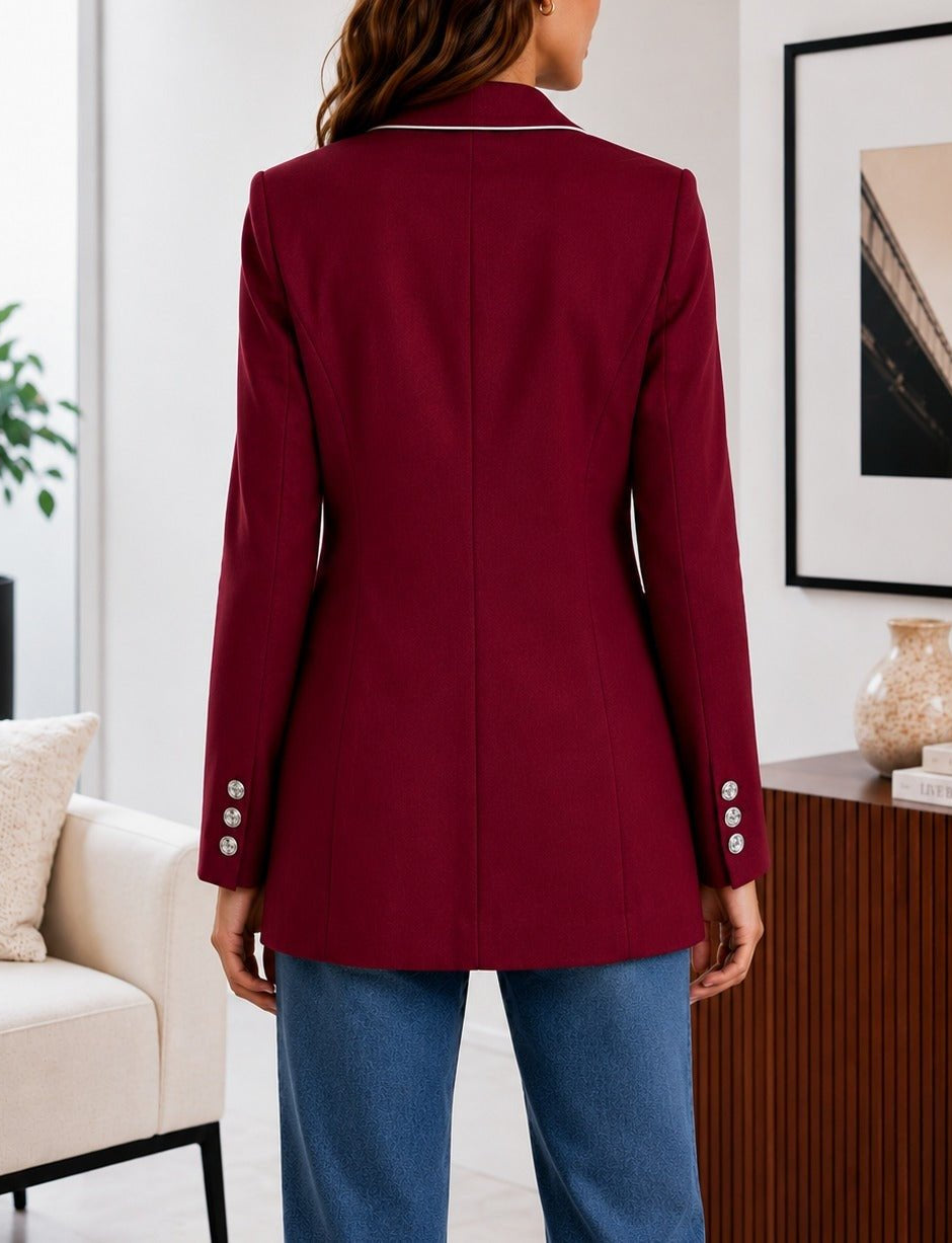 Ladies Maroon Double-Breasted Tailored Longline Coat - StylePhase SA
