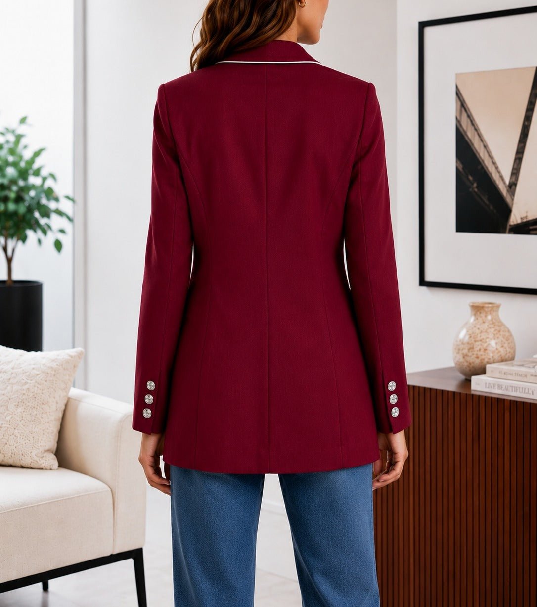Ladies Maroon Double-Breasted Tailored Longline Coat - StylePhase SA