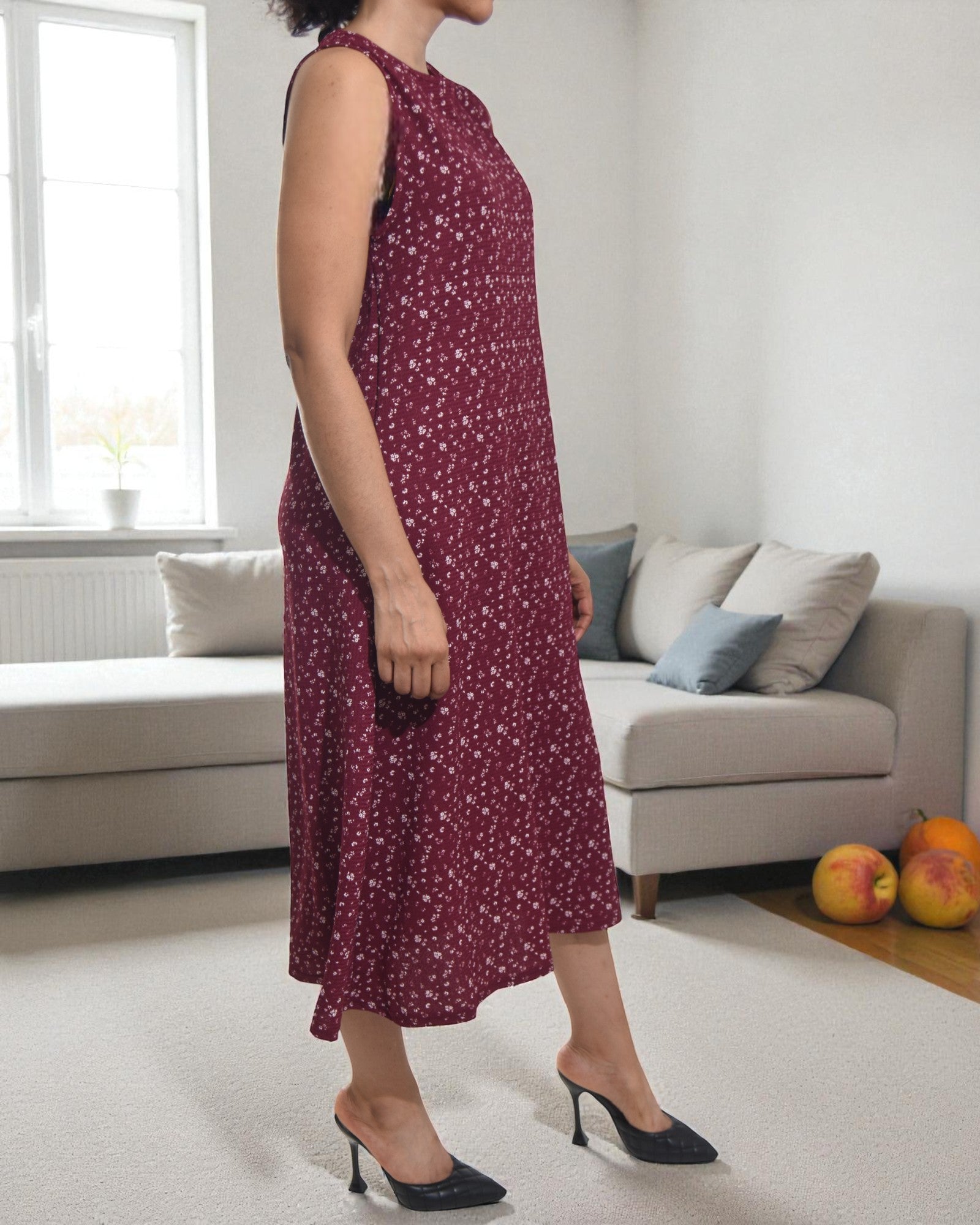 Ladies Maroon Floral Crinkle Sleeveless Dress - StylePhase SA