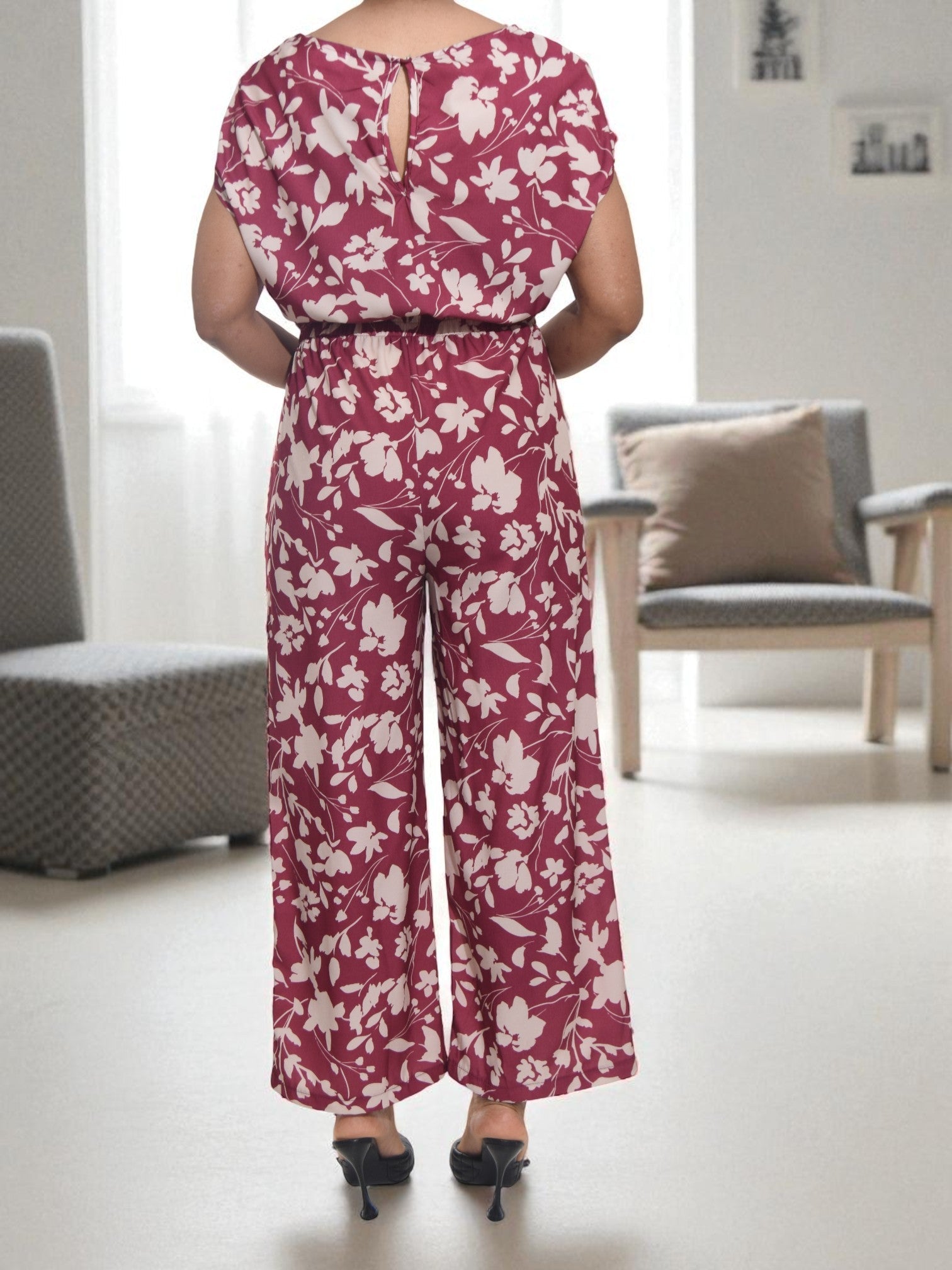 Ladies Maroon Floral Wide Leg Jumpsuit - StylePhase SA