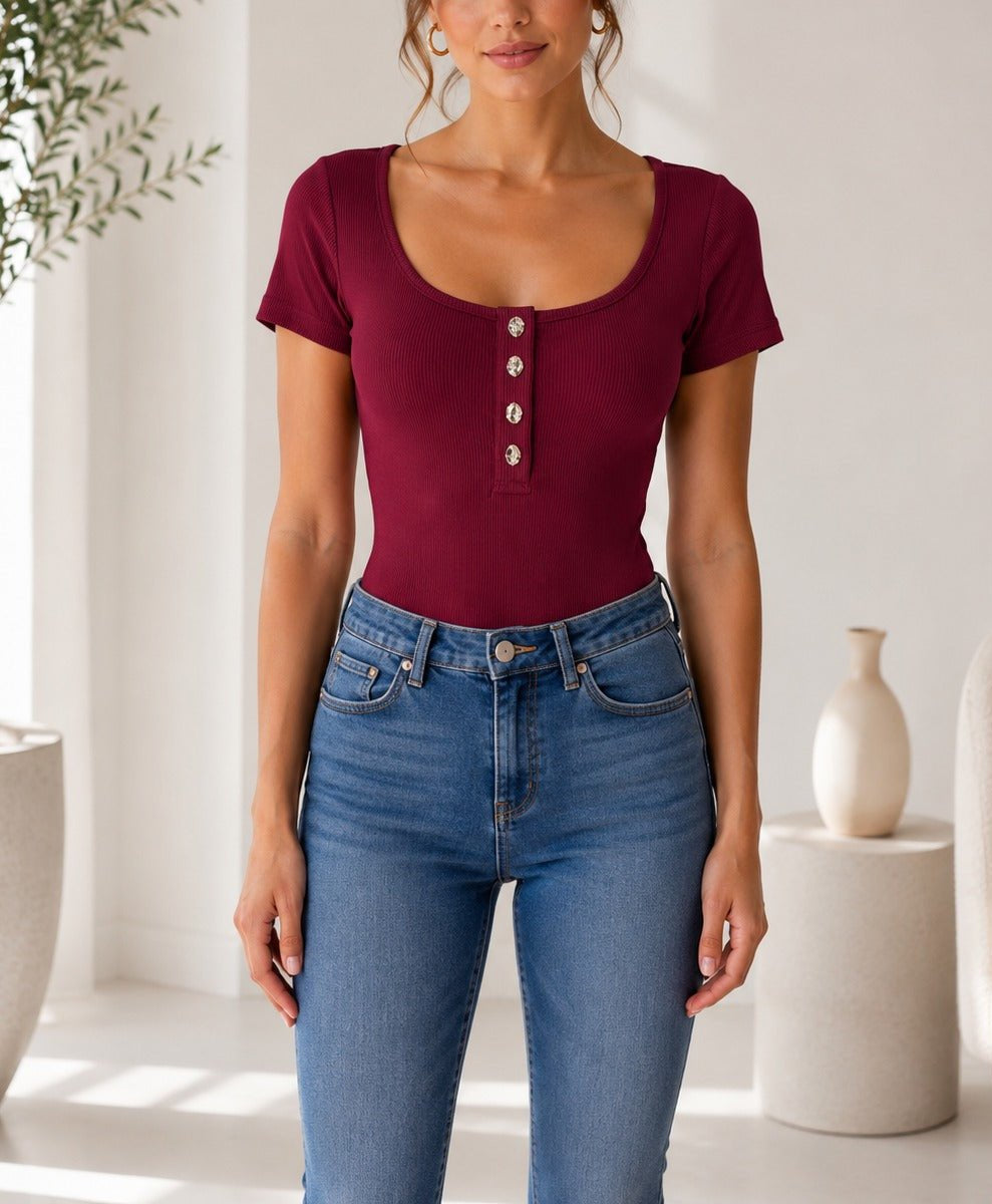 Ladies Maroon Ribbed Short Sleeve Bodysuit - StylePhase SA