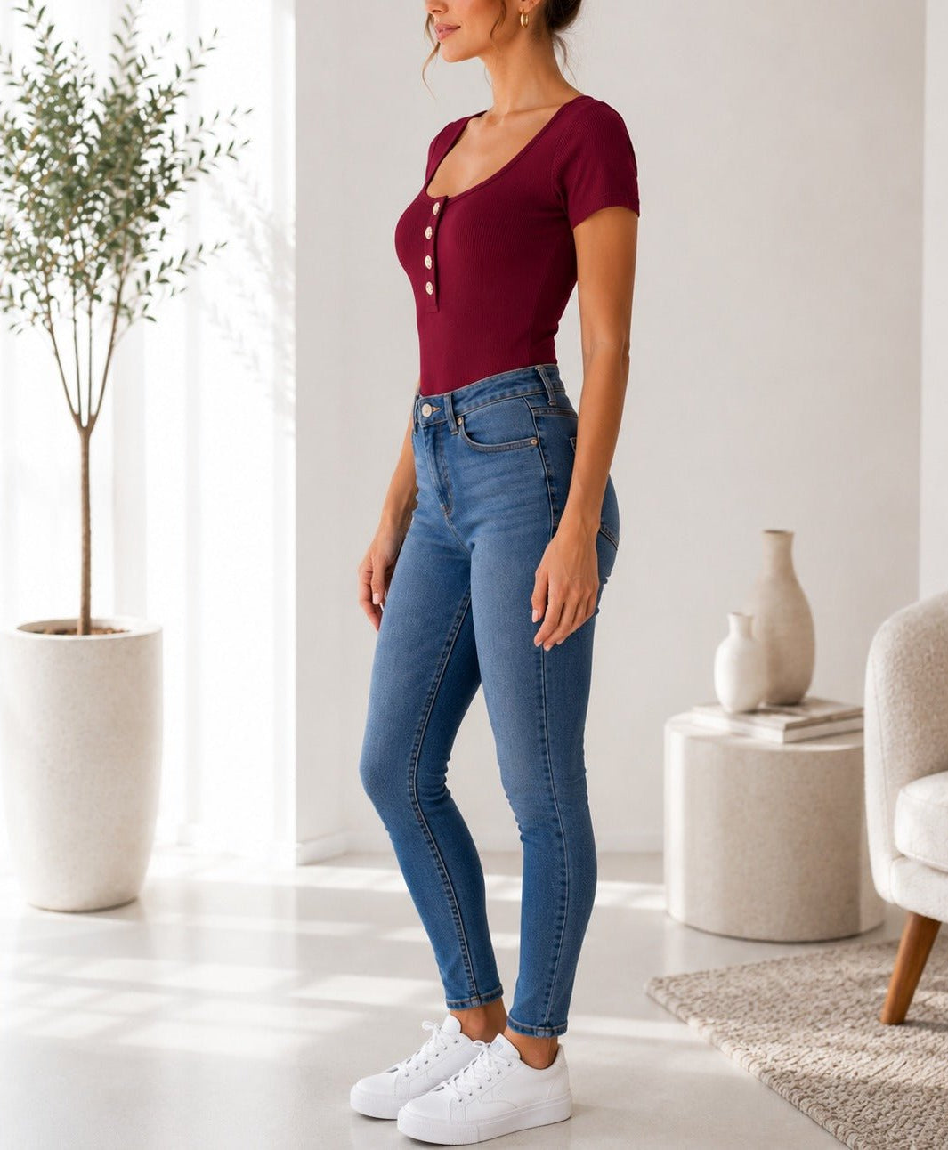 Ladies Maroon Ribbed Short Sleeve Bodysuit - StylePhase SA