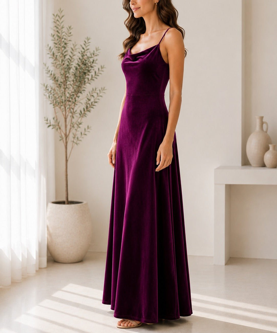 Ladies Maroon Velour Strappy Maxi Dress - StylePhase SA