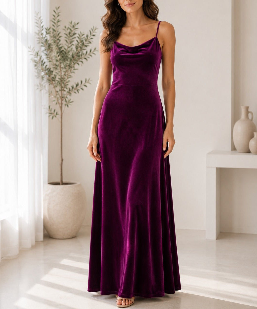 Ladies Maroon Velour Strappy Maxi Dress - StylePhase SA