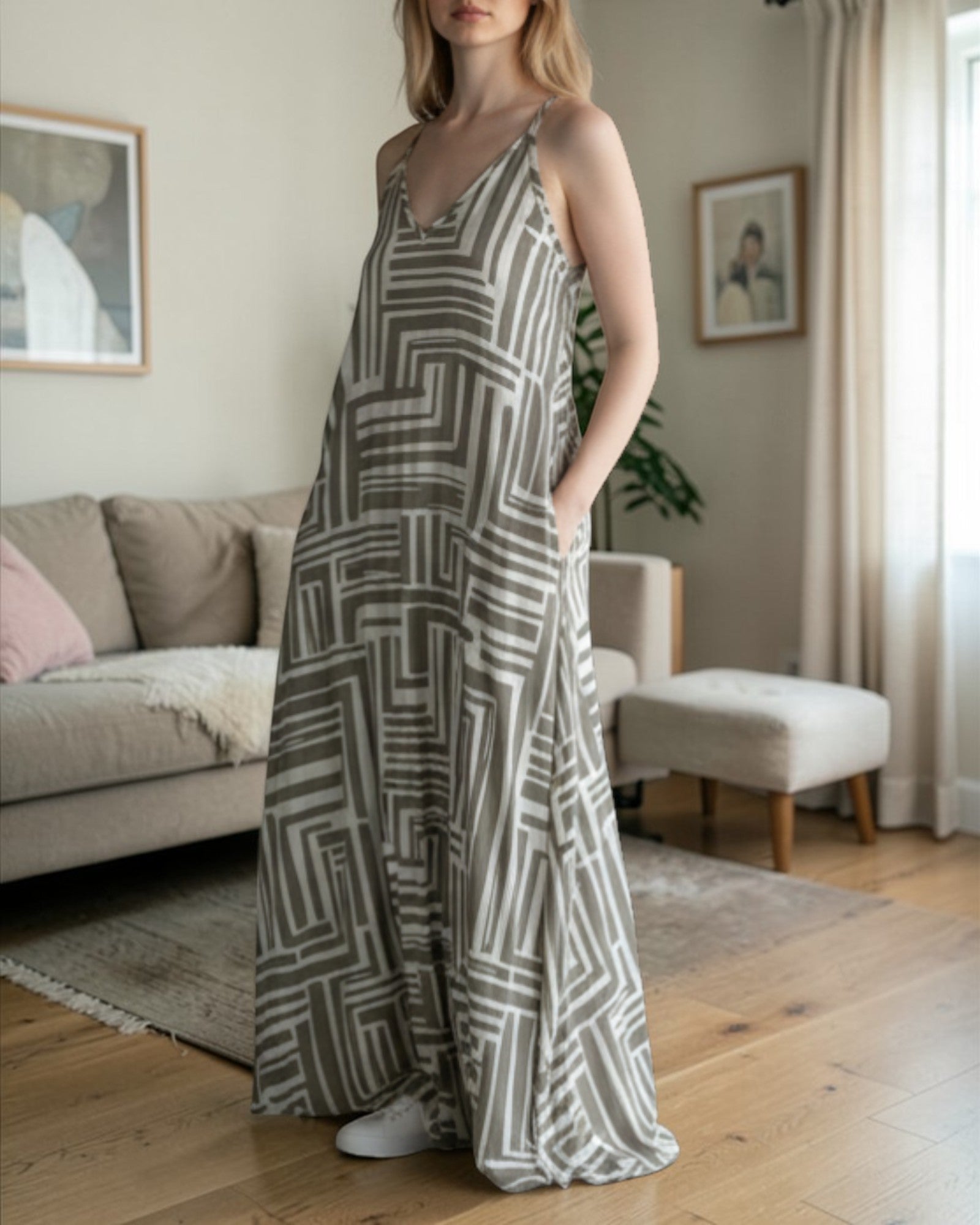 Ladies Maxi Pleated Pocket Dress - Beige Printed - StylePhase SA