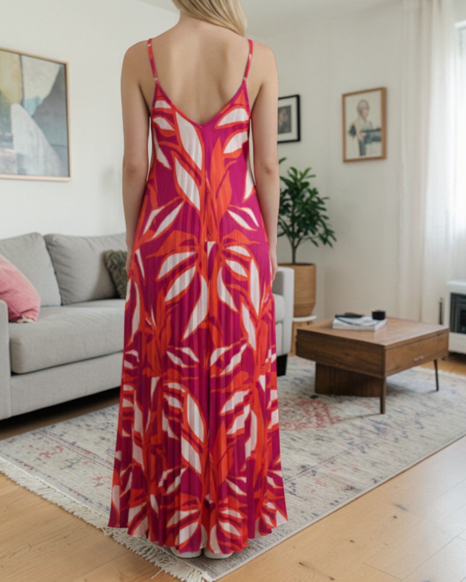Ladies Maxi Pleated Pocket Dress - Cerise And Orange Floral - StylePhase SA