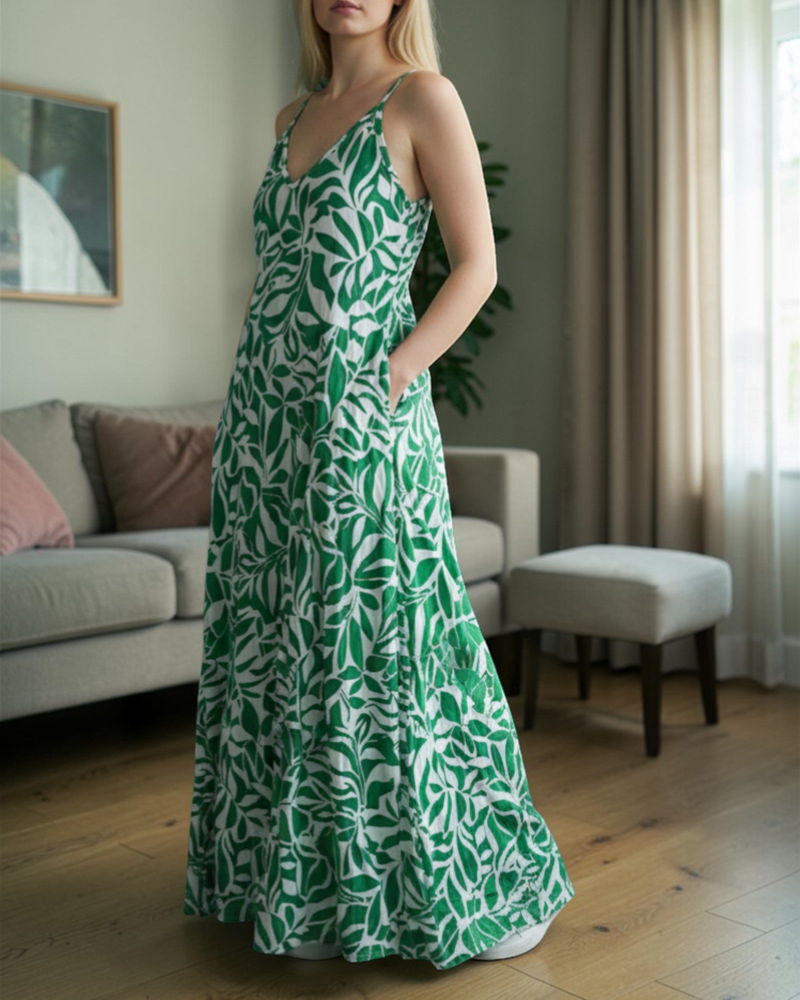 Ladies Maxi Pleated Pocket Dress - Green Floral - StylePhase SA