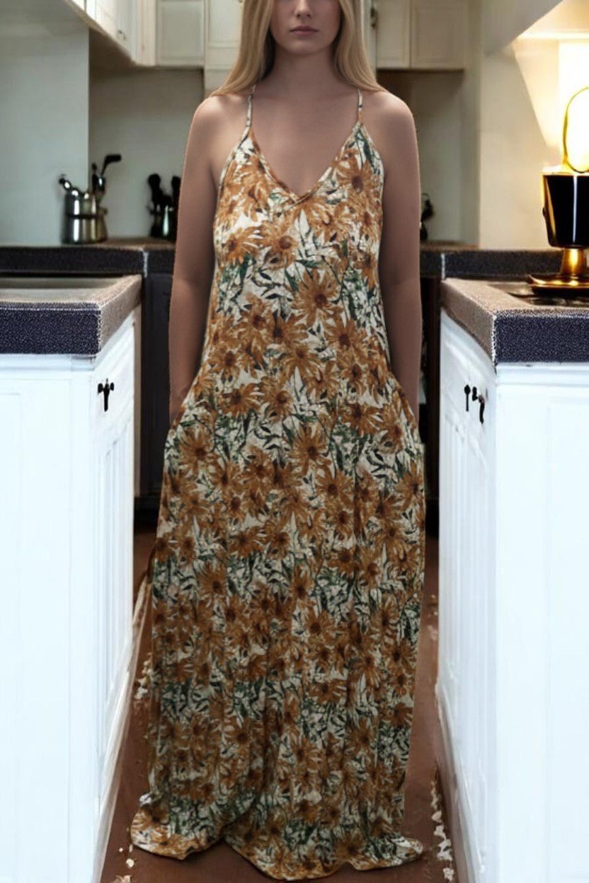 Ladies Maxi Pleated Pocket Dress - Mustard Floral - StylePhase SA