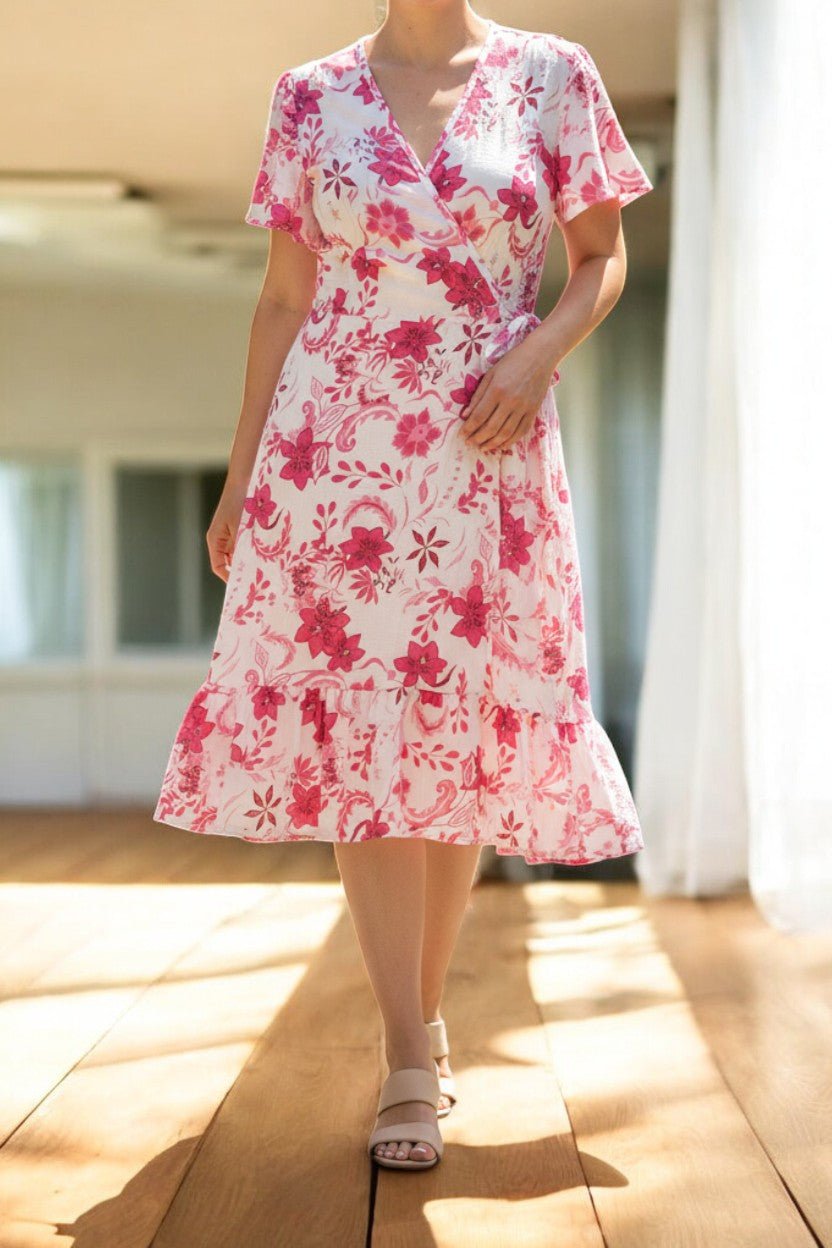 Ladies Mini Floral Wrap Dress - Pink And White - StylePhase SA