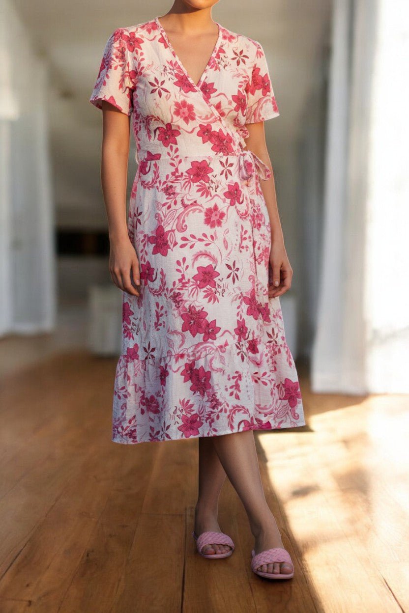 Ladies Mini Floral Wrap Dress - Pink And White - StylePhase SA