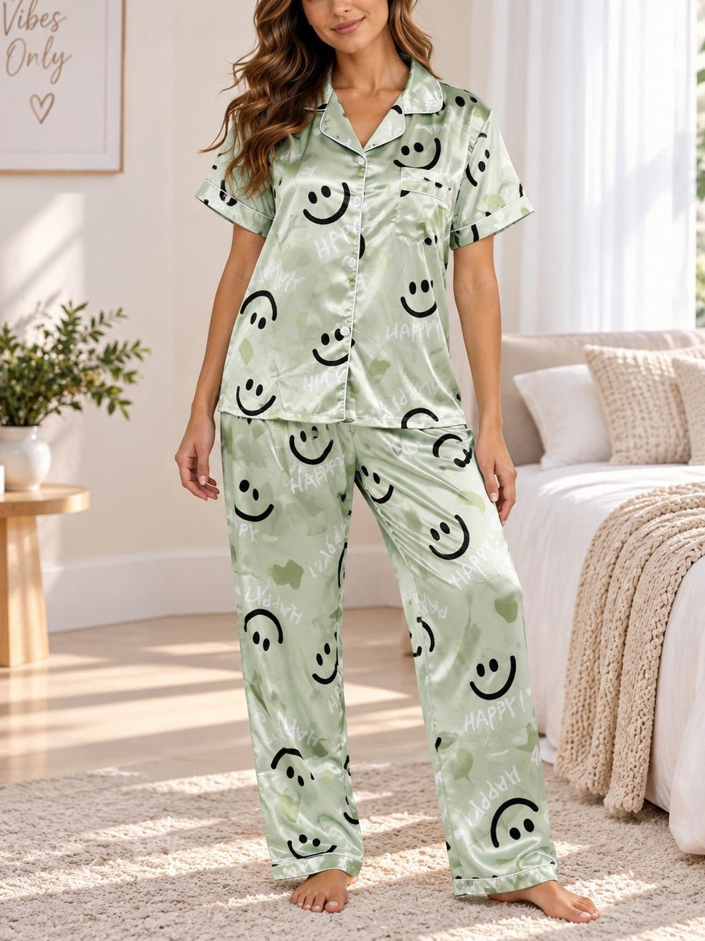 Ladies Mint Printed Satin Pajama Set - StylePhase SA