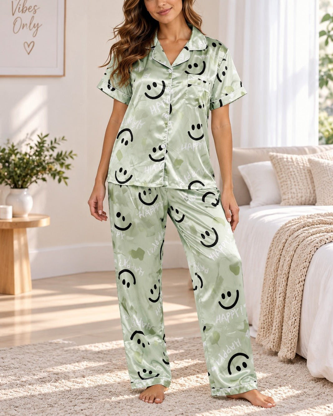 Ladies Mint Printed Satin Pajama Set - StylePhase SA