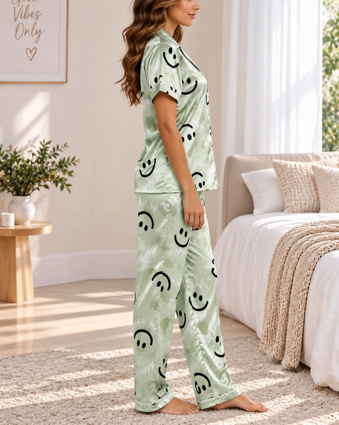 Ladies Mint Printed Satin Pajama Set - StylePhase SA