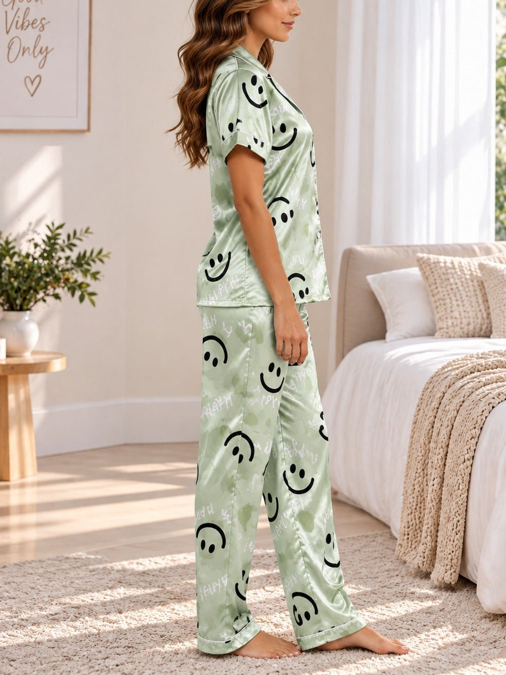 Ladies Mint Printed Satin Pajama Set - StylePhase SA