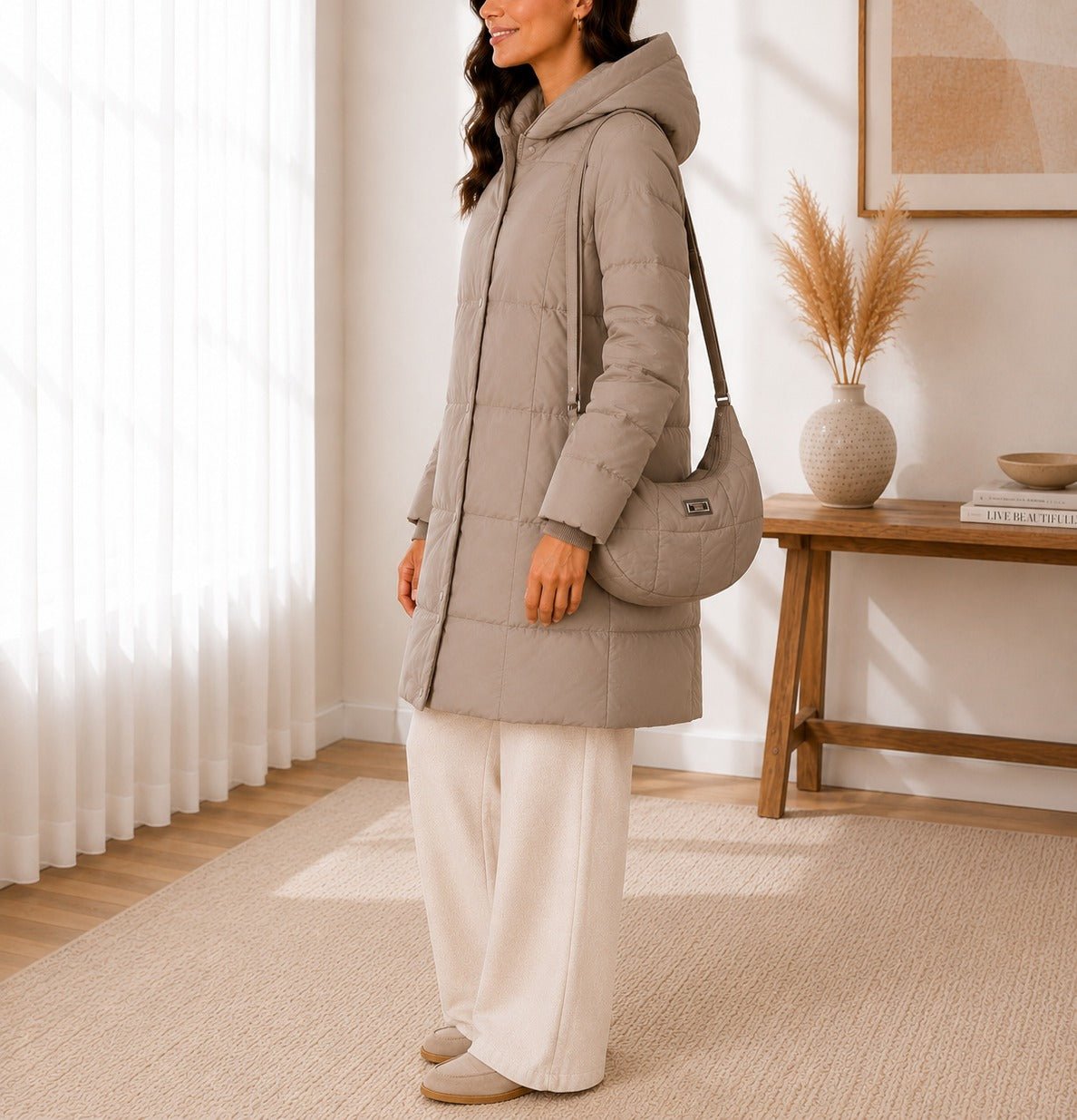 Ladies Mocca Puffer Jacket With Matching Bag - StylePhase SA