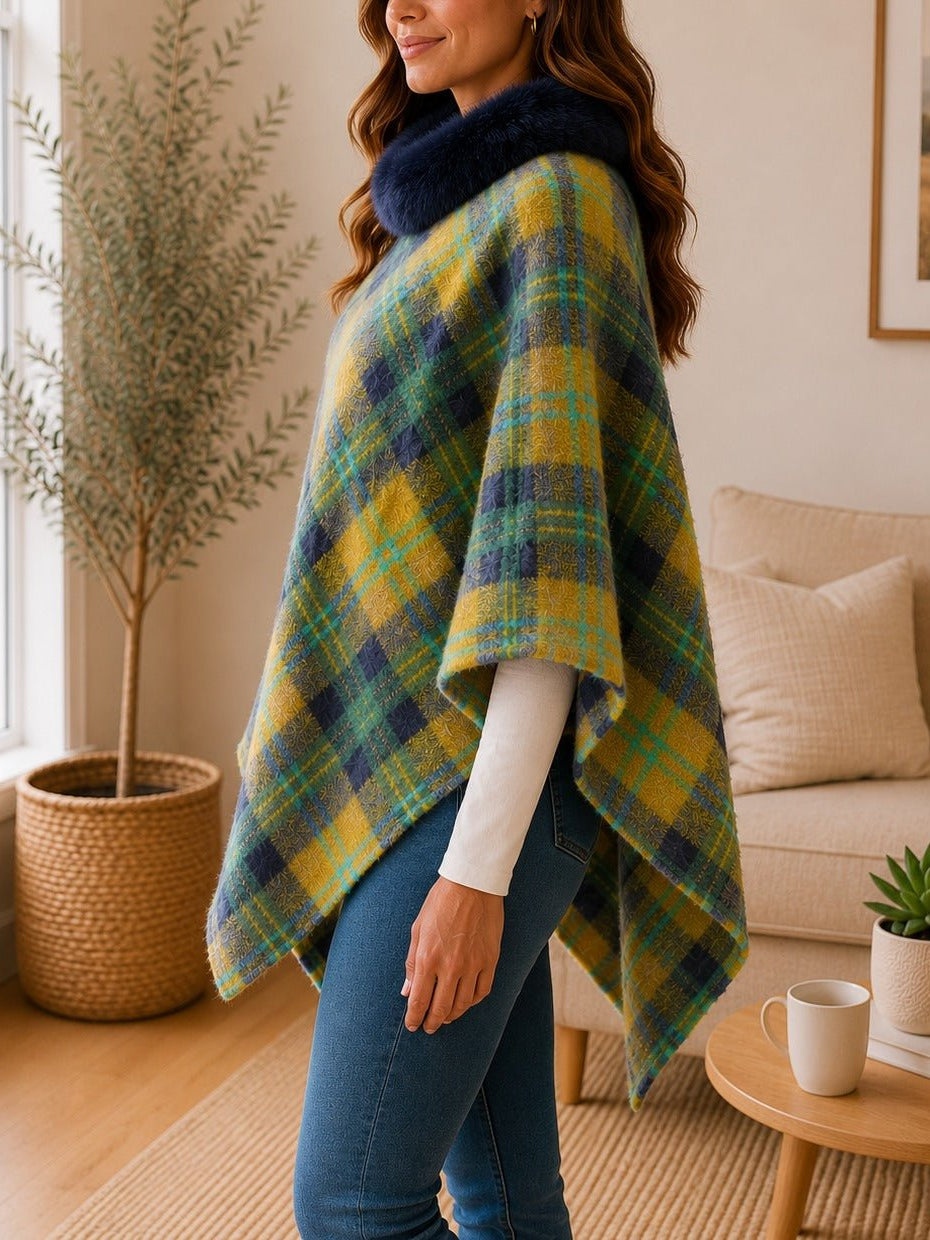 Ladies Mustard Pattern Fur Collar Poncho - StylePhase SA