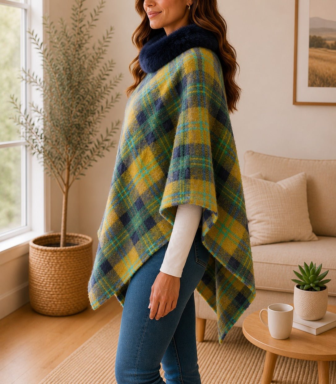 Ladies Mustard Pattern Fur Collar Poncho - StylePhase SA