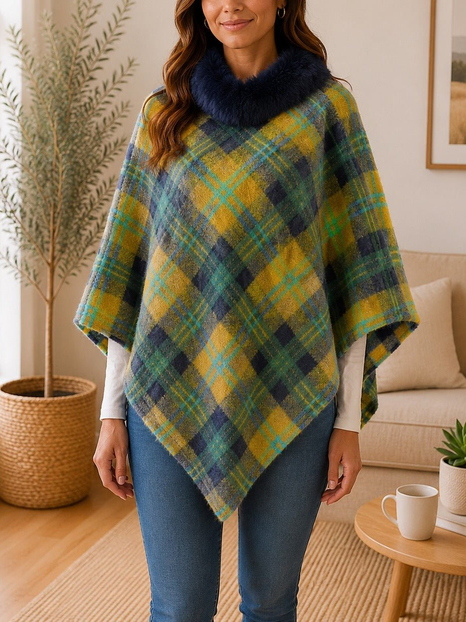 Ladies Mustard Pattern Fur Collar Poncho - StylePhase SA