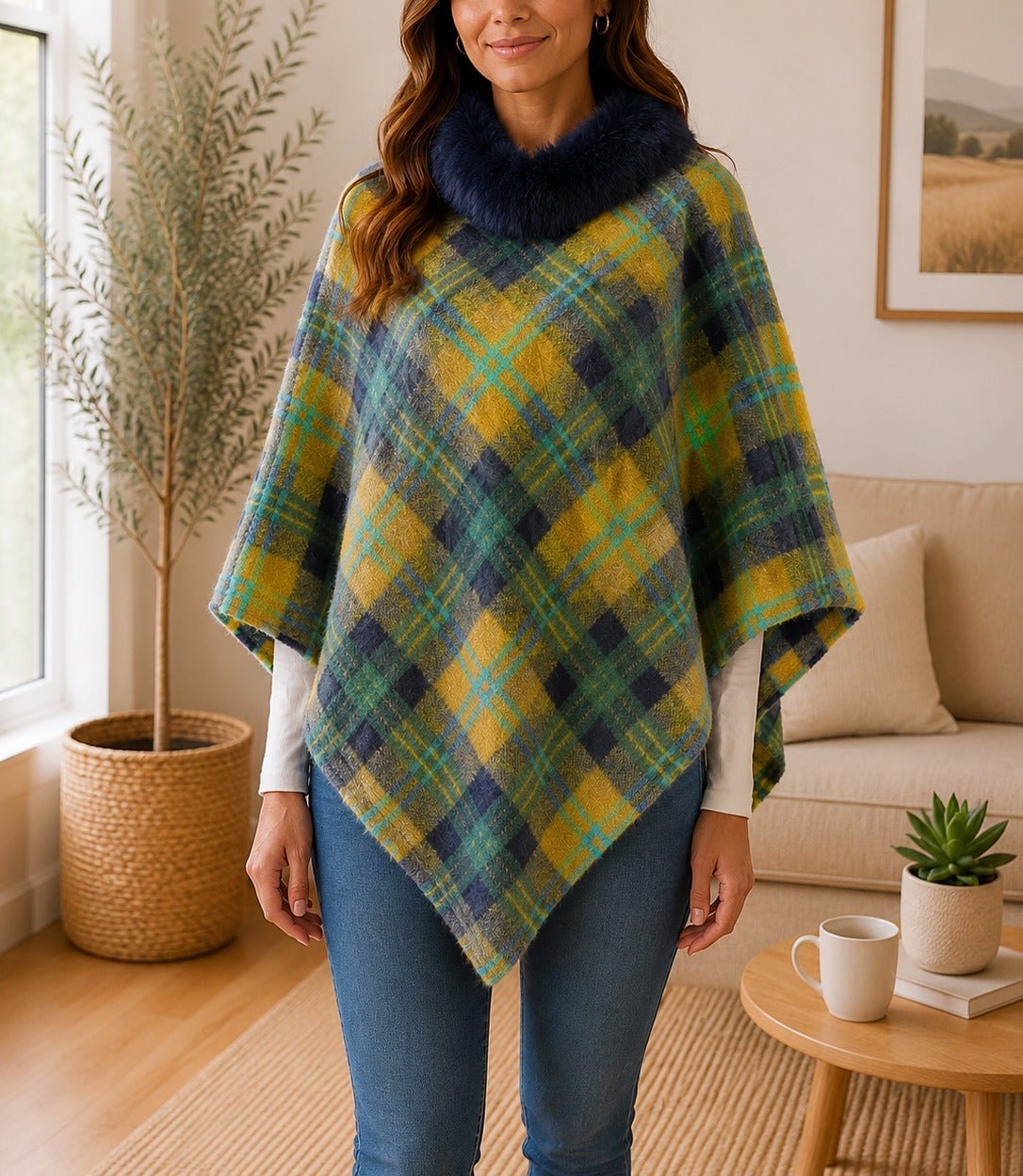 Ladies Mustard Pattern Fur Collar Poncho - StylePhase SA