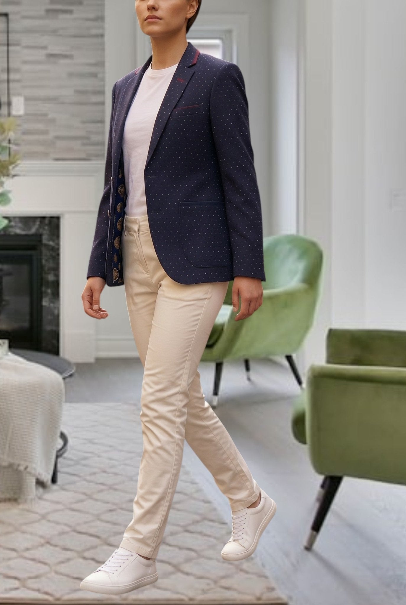 Ladies Navy And Maroon Spotted Slim Fit Blazer Coat - StylePhase SA