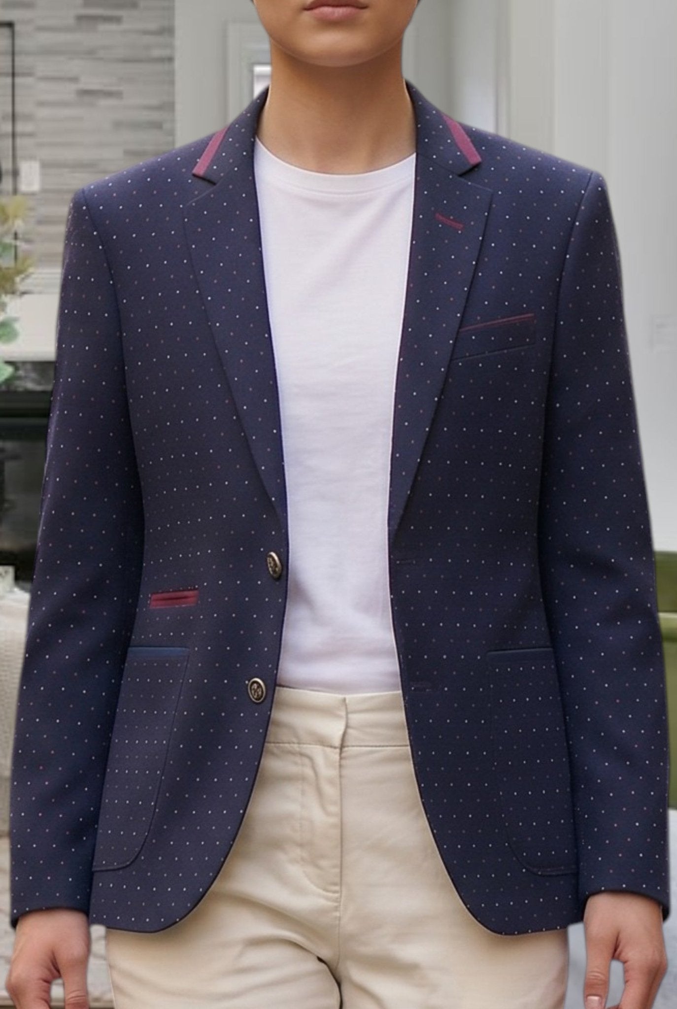 Ladies Navy And Maroon Spotted Slim Fit Blazer Coat - StylePhase SA