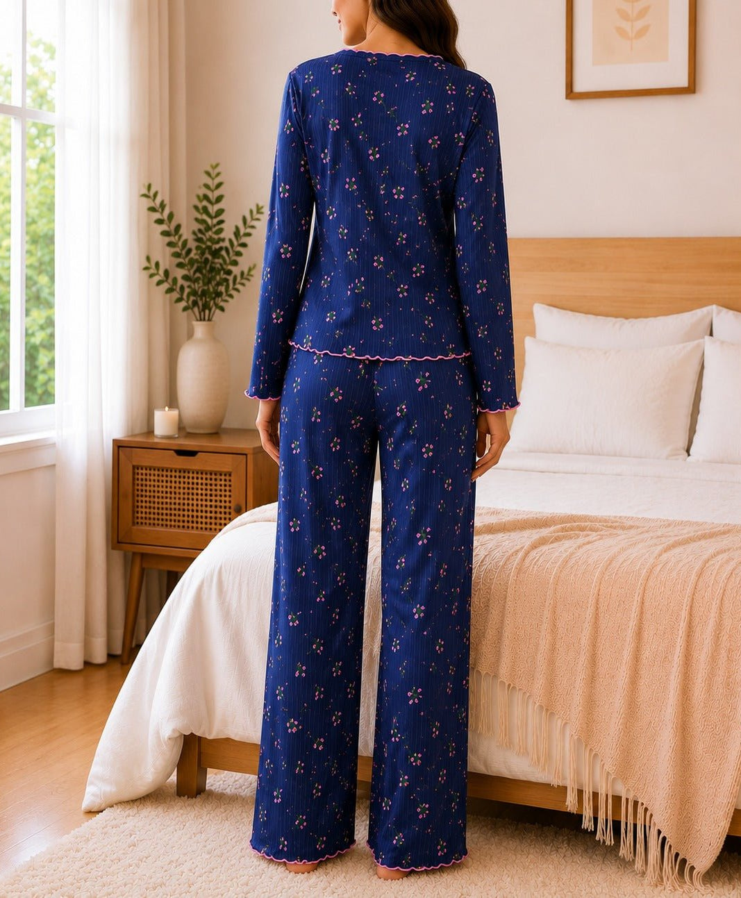 Ladies Navy And Pink Bow Detail Pyjama - StylePhase SA