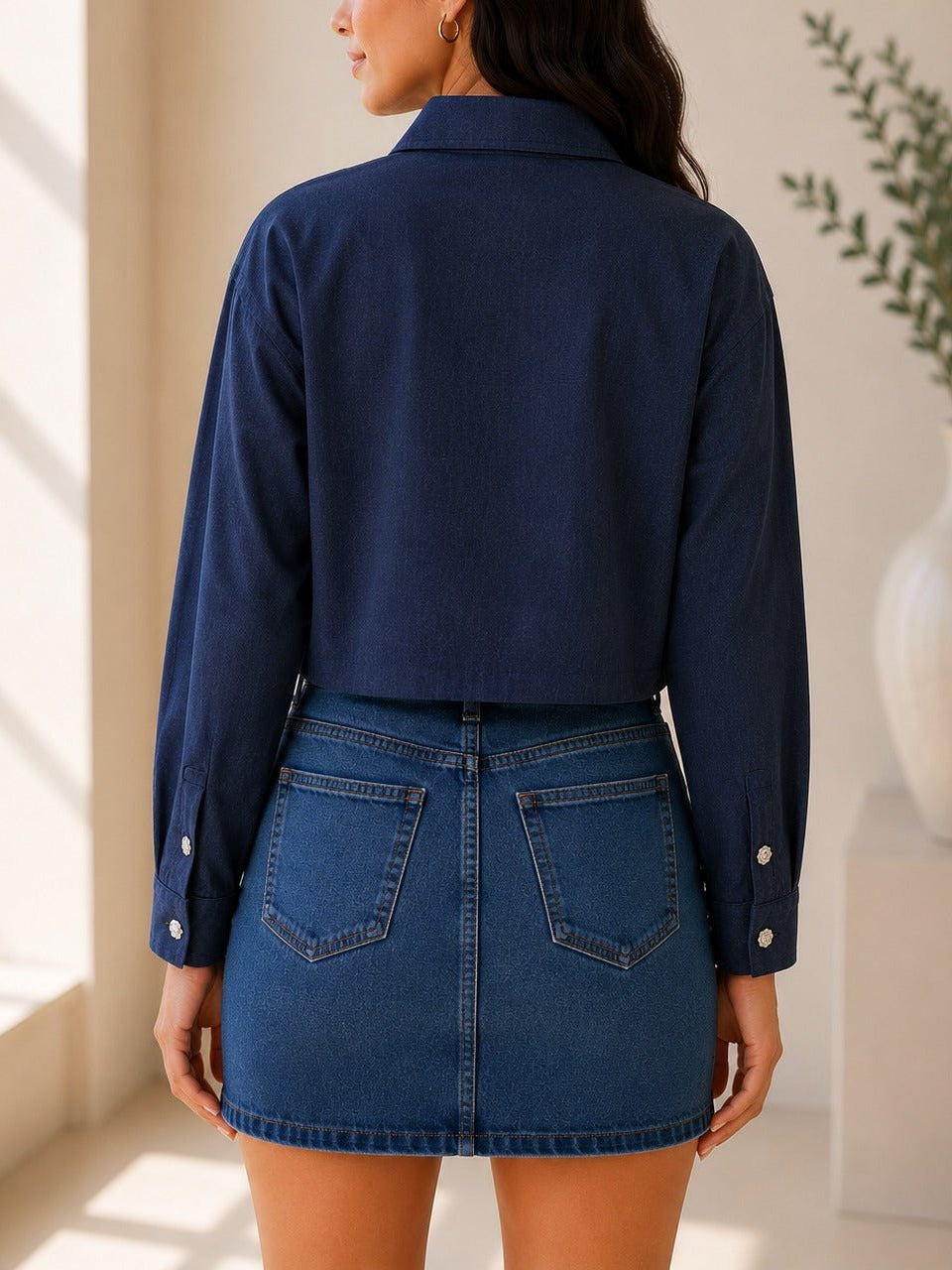 Ladies Navy Button Up Cropped Shirt - StylePhase SA